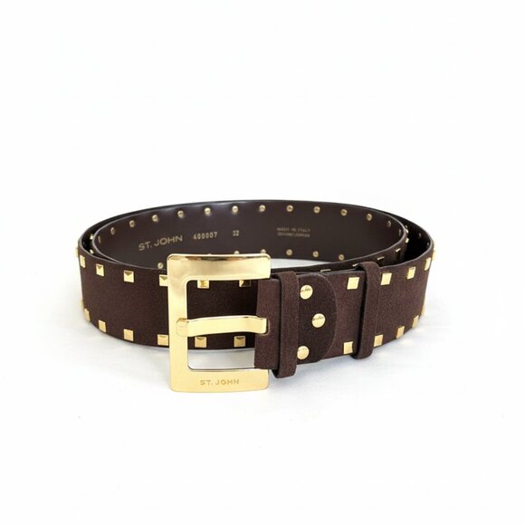 St. John Studded Brown Leather Belt w/ Bold Gold Buckle, Size 32 - Picture 1 of 5